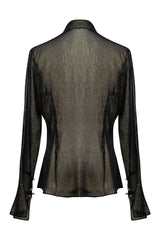 Clean studio product view displaying the back of the sheer black Anita silk lurex blouse, showcasing the straight yoke and flowing, lightweight silhouette.