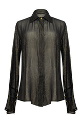 Clean studio product view displaying the front of the sheer black Anita shirt, highlighting the vertical gold lurex stripes, pointed collar, and buttoned split cuffs.