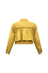 Product image displaying the back of the marigold yellow Frida Twill Jacket, emphasizing the full, fluid drape of its signature cropped ruffle back design.