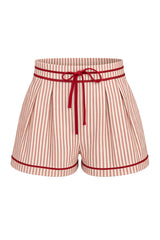 Front view of Cindy Castro New York red striped high waisted shorts against a white background with tailored pleats and pockets.