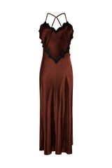 Studio product image displaying the back of the chocolate brown silk Linda slip dress, highlighting its plunging low back line with delicate black lace trim.