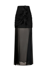 Clean studio product view displaying the front silhouette of the black Paulina Chiffon Sheer Skirt, featuring a heavily ruched hip panel, cascading front ruffles, and a translucent full-length overlay.