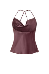 Clean studio product image displaying the back of the mauve silk Twiggy top, showcasing its backless profile and delicate criss-cross halter straps.