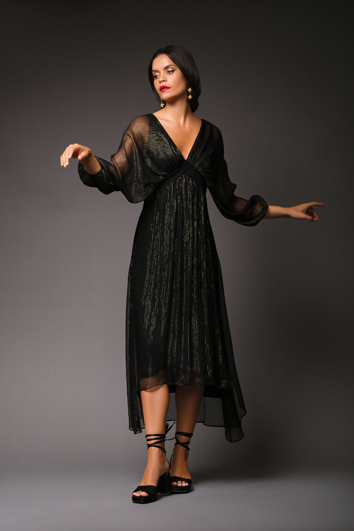 Paula Metallic Chiffon Dress Black GOLD / XS