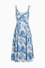 Front view of the Cindy Castro New York Jessica blue floral midi dress against a white background.