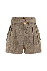 Product image of the front of the Lexi Tweed Shorts, showcasing the high-waisted pleated design, matching fabric belt with a gold D-ring buckle, and side flap pockets.