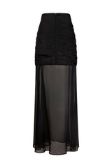 Clean studio product view displaying the back of the black Paulina sheer maxi skirt, highlighting the seamless continuation of the ruched upper panel and the discreet center zipper closure.
