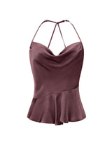 Studio product shot of the front profile of the Twiggy silk halter top in mauve brown, showing the elegant fluid drape of the satin cowl bodice.